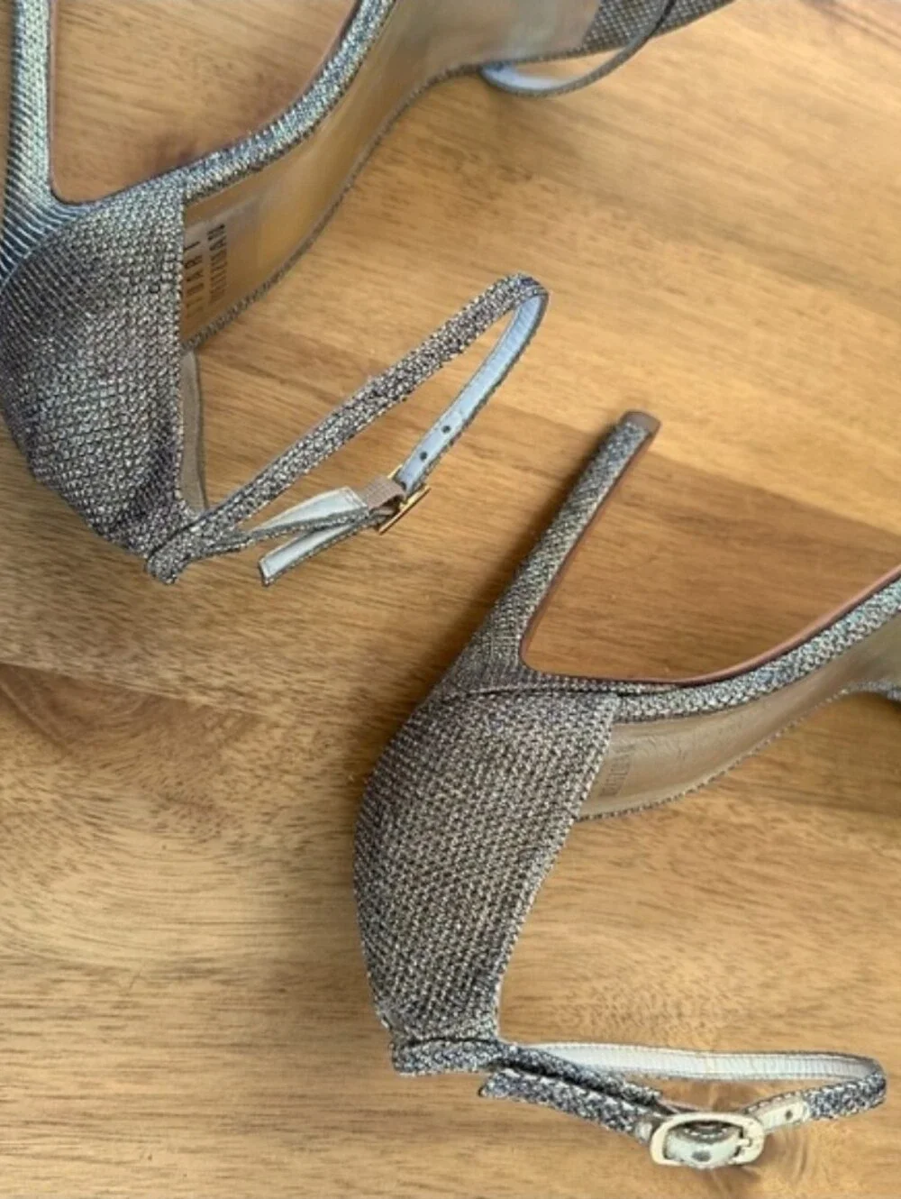 Stuart Weitzman Nudist Ankle Strap Heels Sandal in Platinum Noir, Size 9